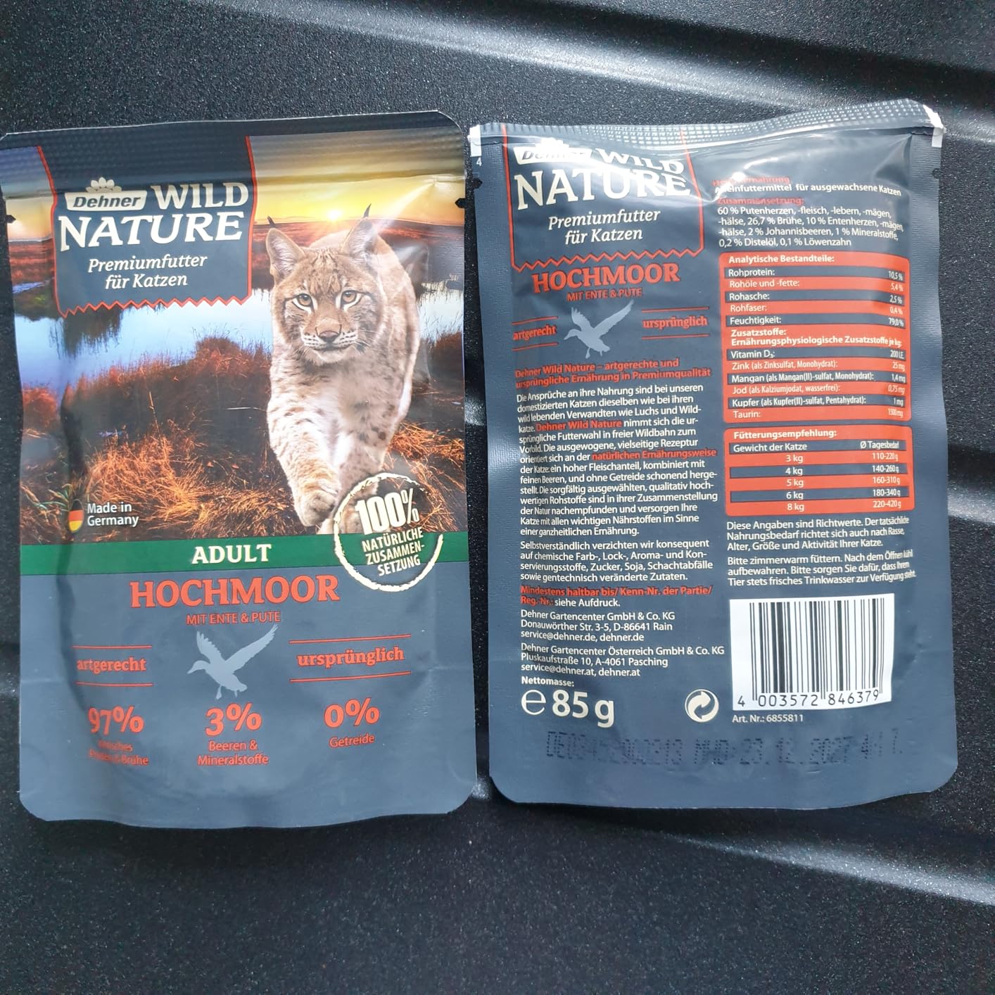 Dehner Wild Nature Hochmoor Nassfutter Ente Pute 16x85g getreidefrei