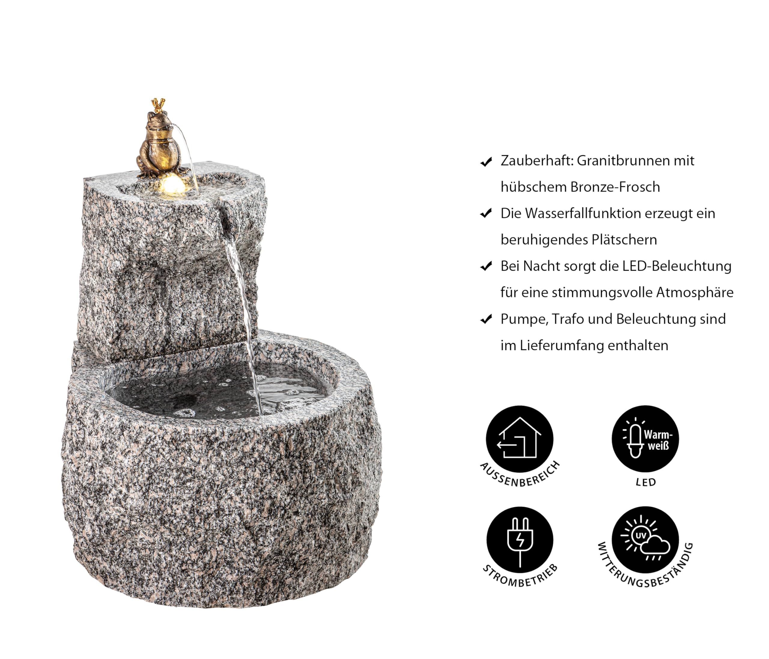 Dehner Premium Lovely Froschkönig Gartenbrunnen grau Granit LED