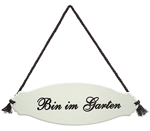Dehner Premium Lovely Gartenschild Bin im Garten emailliert weiß