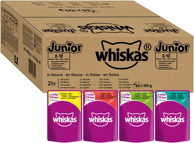 Whiskas Junior Klassik Nassfutter Sauce 84x100g Huhn Rind