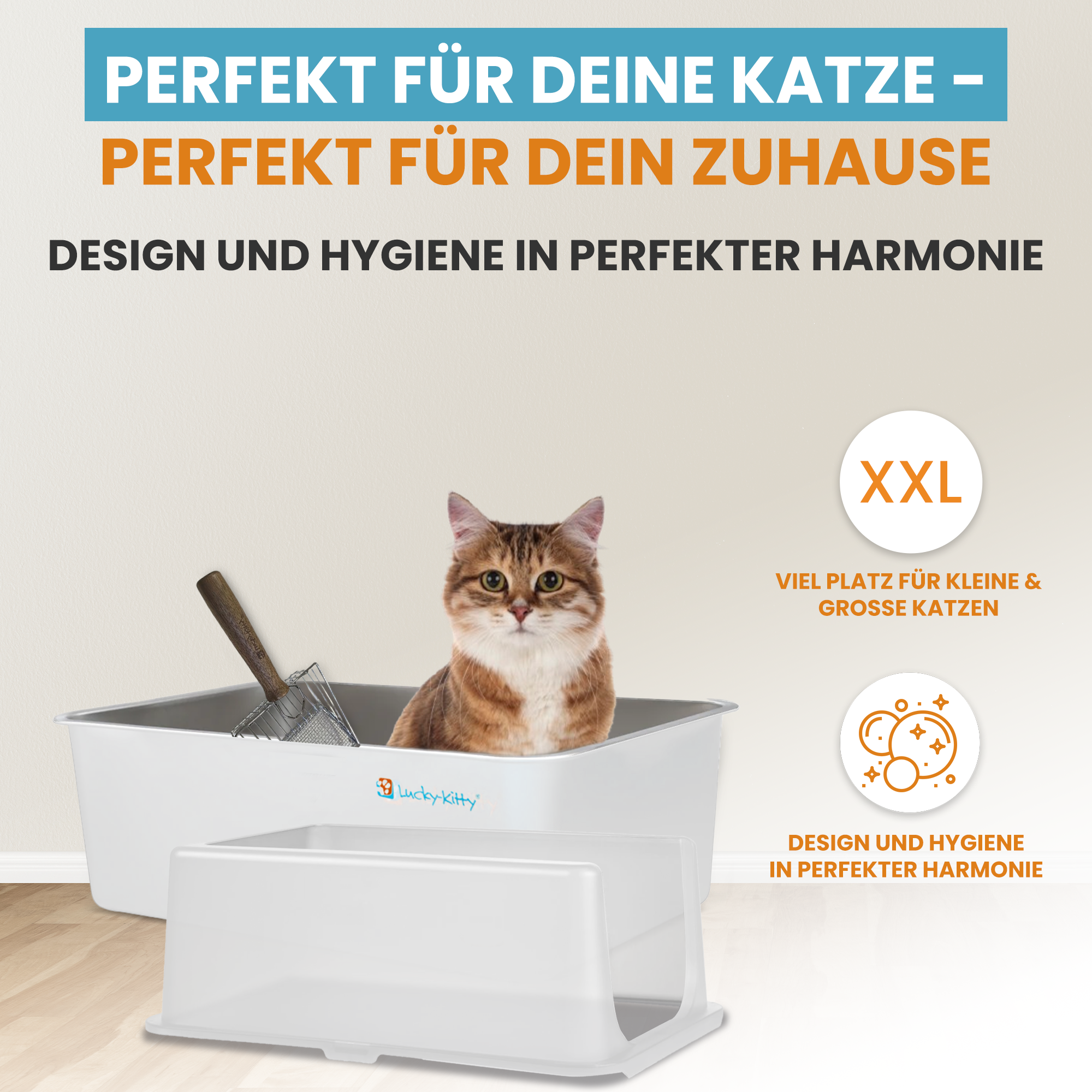 Lucky-Kitty Katzentoilette XXL Edelstahl Weiß mit Haube 50 l