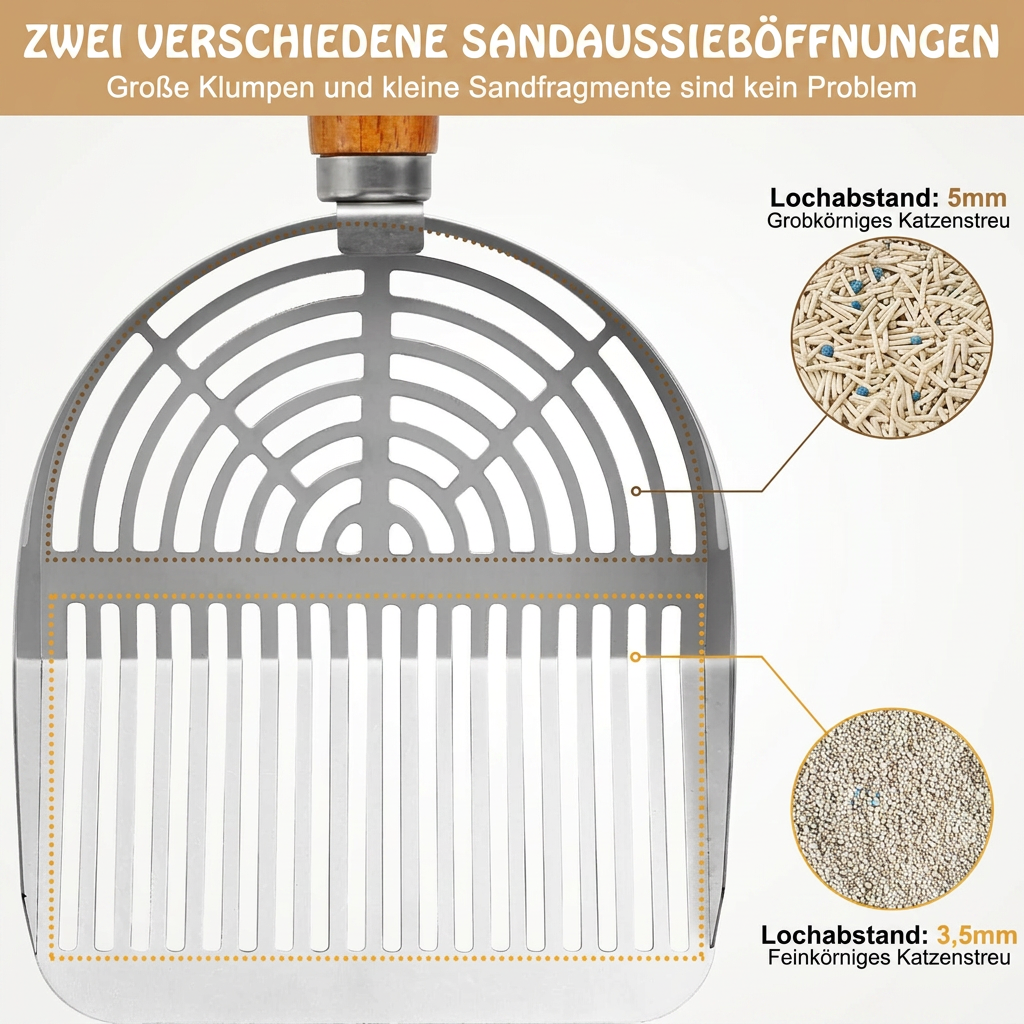 Lucky-Kitty Katzenstreuschaufel Edelstahl Holzgriff 7 mm Premium