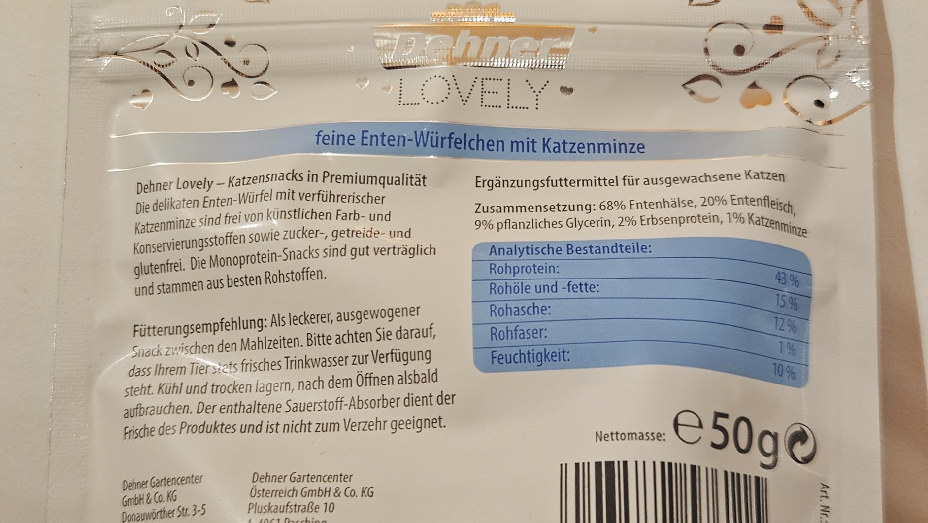 Dehner Premium Lovely Ente Katzensnack 12x50g getreidefrei