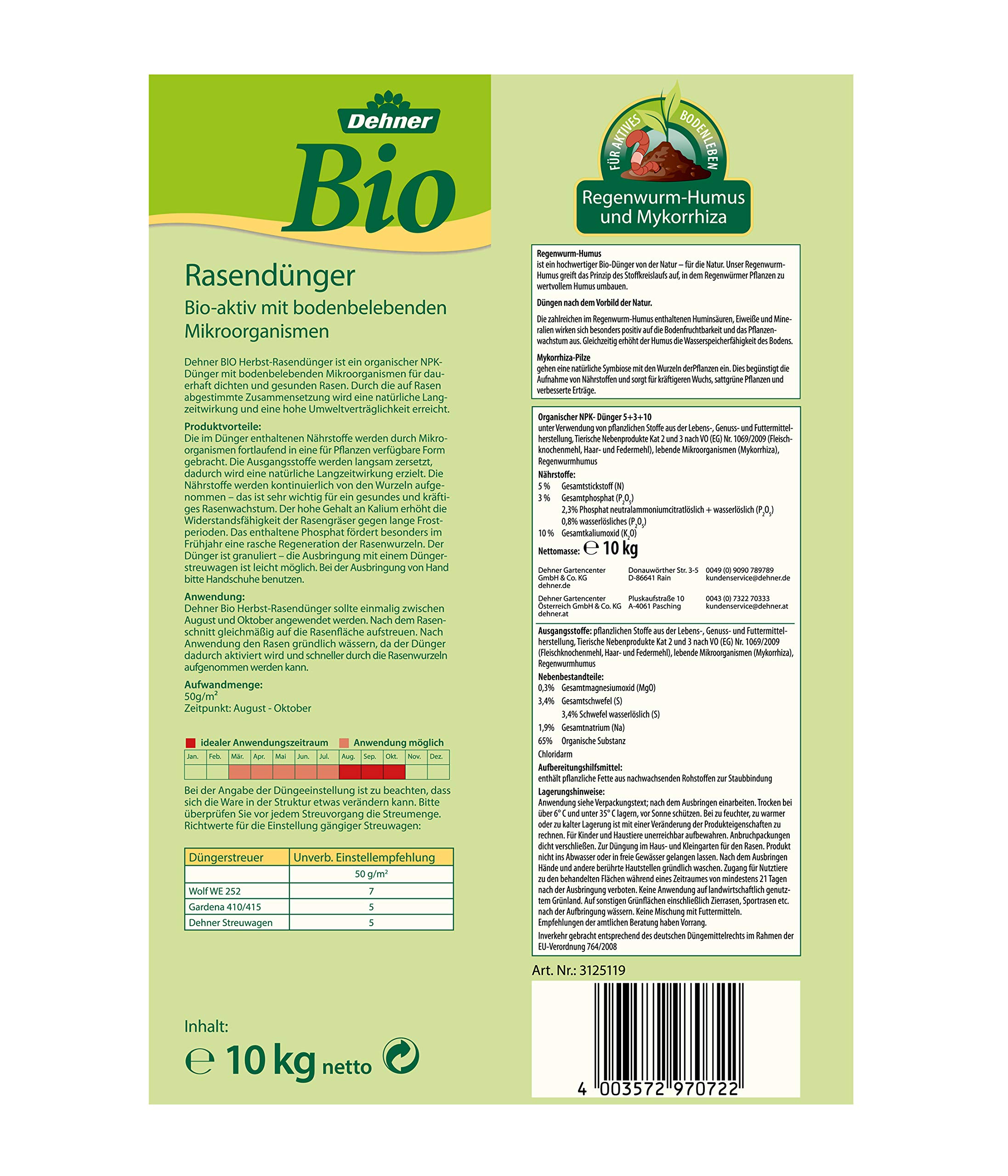 Dehner Bio Herbstrasendünger Rasendünger 10 kg