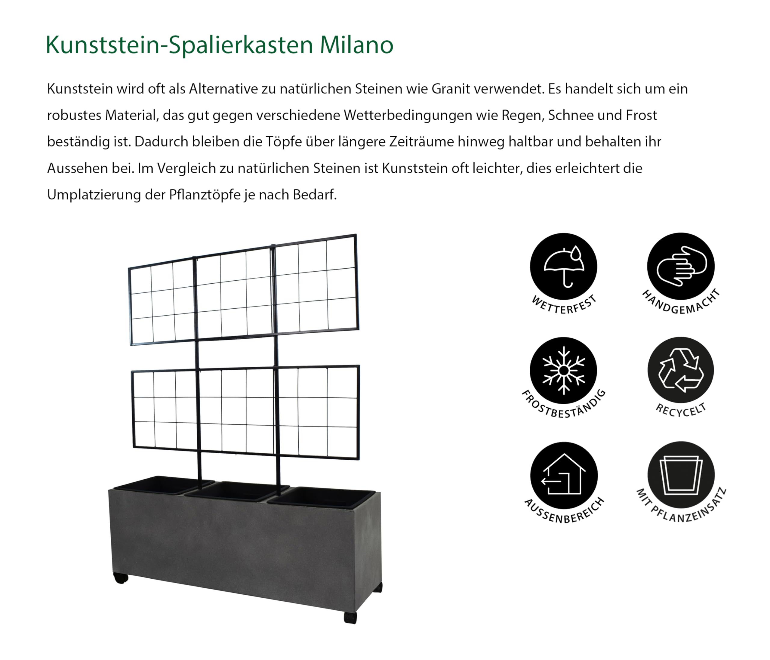 Dehner Milano Spalierkasten grau 100x130x35cm Rollen Beton