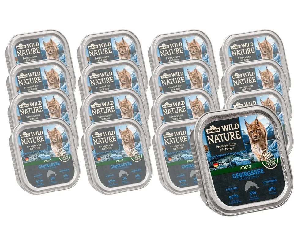 Dehner Wild Nature Gebirgssee Nassfutter Lachs Forelle 16x100g zuckerfrei